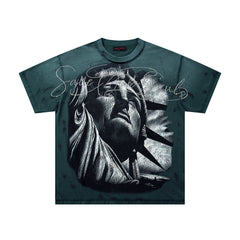 Rare Peace SOS The End Of An Era Dark‑Green Washed Double‑Sided Graphic Print Crew‑Neck Streetwear T‑Shirt