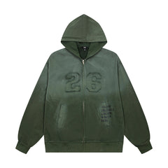 Vintage Dark Green Number 26 Embroidery Full‑Zip Hoodie