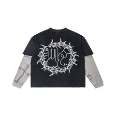 Thorn Letter Graphic Fake Two‑Piece Long Sleeve T‑Shirt Streetwear Top