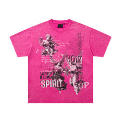 Spirit Angel Hot‑Pink Vintage‑Washed Double‑Sided Graphic Print Crew‑Neck Streetwear T‑Shirt
