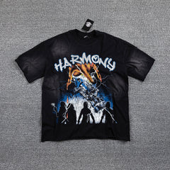 HVM Harmony Dark Rock Figure Black Tie‑Dye Double‑Sided Graphic Print Crew Neck Streetwear T‑Shirt