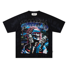 Black Washed Native Portrait Double‑Sided Graphic Print Crew Neck Streetwear T‑Shirt