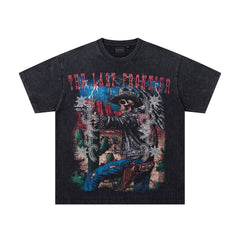 Nature Beast Black Vintage‑Washed Double‑Sided Graphic Print Crew‑Neck Streetwear T‑Shirt