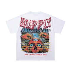 Tribal Skull White Vintage‑Washed Double‑Sided Graphic Print Crew‑Neck Streetwear T‑Shirt