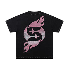 Rebel Skull Black Vintage‑Washed Double‑Sided Graphic Print Crew‑Neck Streetwear T‑Shirt