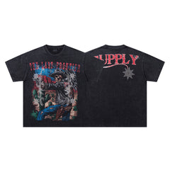 Nature Beast Black Vintage‑Washed Double‑Sided Graphic Print Crew‑Neck Streetwear T‑Shirt