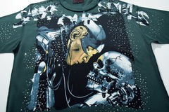 SOS Skull Universe Dark‑Green Washed Double‑Sided Graphic Print Crew‑Neck Streetwear T‑Shirt
