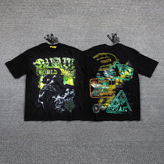 HVM Harmony Neon Green Abstract Figure Black Double‑Sided Graphic Print Crew Neck Streetwear T‑Shirt