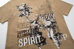 Spirit Angel Khaki Vintage‑Washed Double‑Sided Graphic Print Crew‑Neck Streetwear T‑Shirt