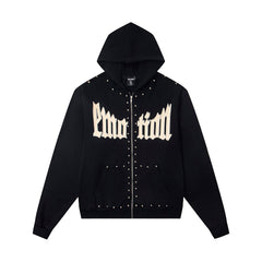Retro Rivet Detail Full Zip Hooded Jacket Oversized Hip‑Hop Street Outerwear