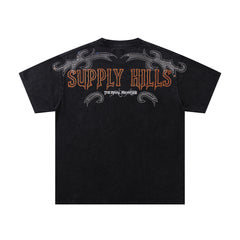 Supply Hills Black‑Washed Double‑Sided Graphic Print Crew‑Neck Streetwear T‑Shirt