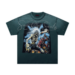 Save Our Souls Dark‑Green Washed Double‑Sided Graphic Print Crew‑Neck Streetwear T‑Shirt