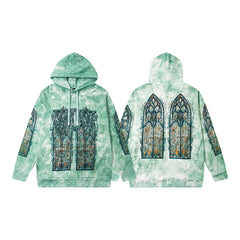 Vintage Green Tie‑Dye Stained‑Glass Church Window Zip‑Up Hoodie