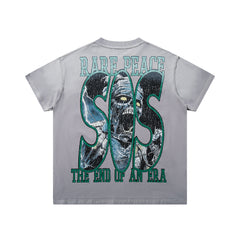 Rare Peace SOS The End Of An Era Light‑Grey Washed Double‑Sided Graphic Print Crew‑Neck Streetwear T‑Shirt