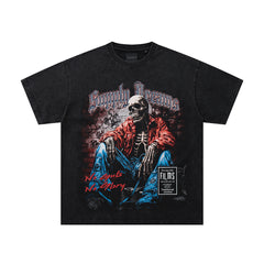 Grim Reaper Skeleton Black Vintage‑Washed Double‑Sided Graphic Print Crew‑Neck Streetwear T‑Shirt