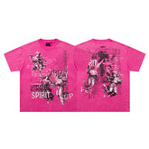 Spirit Angel Hot‑Pink Vintage‑Washed Double‑Sided Graphic Print Crew‑Neck Streetwear T‑Shirt