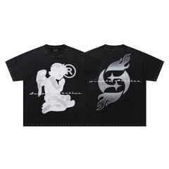 Vintage Kneeling Angel Black Double‑Sided Graphic Print Crew‑Neck Streetwear T‑Shirt