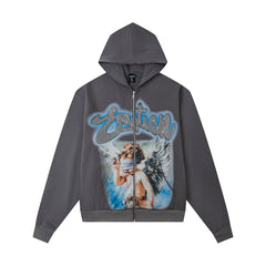 Retro Angel Art Print Full‑Zip Hoodie Washed Gray Loose Hip‑Hop Street Hooded Top