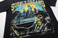Supply Dreams Black‑Washed Double‑Sided Graphic Print Crew‑Neck Streetwear T‑Shirt