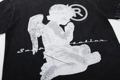 Vintage Kneeling Angel Black Double‑Sided Graphic Print Crew‑Neck Streetwear T‑Shirt