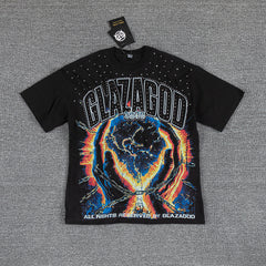 Glazagod Black Retro Fire Earth Gothic Graphic Print Crew Neck Streetwear T‑Shirt