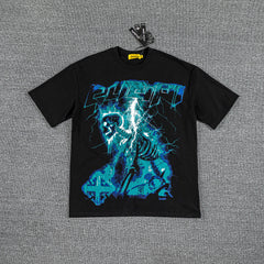 Cyan Lightning Cross Double‑Sided Graphic Print Crew Neck Streetwear T‑Shirt