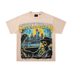 Statue Of Liberty Beige Vintage‑Washed Double‑Sided Graphic Print Crew‑Neck Streetwear T‑Shirt