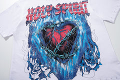 Melting Heart White Vintage‑Washed Double‑Sided Graphic Print Crew‑Neck Streetwear T‑Shirt
