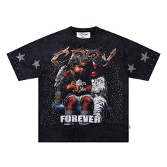 Forever Star Accented Hip‑Hop Portrait Double‑Sided Graphic Print Crew Neck Streetwear T‑Shirt