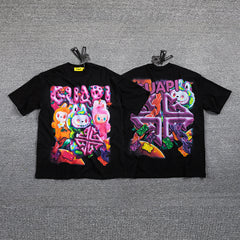 HVM Harmony Psychedelic Cartoon Character Black Double‑Sided Graphic Print Crew Neck Streetwear T‑Shirt