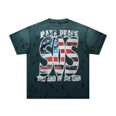 Rare Peace SOS The End Of An Era Dark‑Green Washed Double‑Sided Graphic Print Crew‑Neck Streetwear T‑Shirt