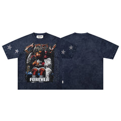 Forever Star‑Accented Dark Blue Hip‑Hop Portrait Double‑Sided Graphic Print Crew Neck Streetwear T‑Shirt