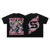 Rebel Skull Black Vintage‑Washed Double‑Sided Graphic Print Crew‑Neck Streetwear T‑Shirt
