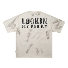 Lookin Fly And Icy Off‑White Washed Skull Hip‑Hop Double‑Sided Graphic Print Crew Neck Streetwear T‑Shirt