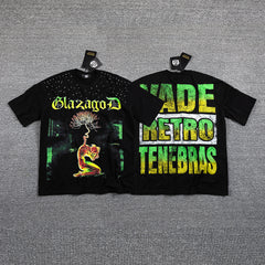 Glazagod Green‑Yellow "VADE RETRO TENEBRAS" Double‑Sided Graphic Print Crew Neck Streetwear T‑Shirt