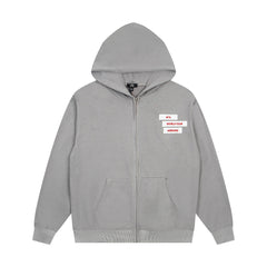 Vintage Light Grey Diagonal Stacked Letter Print Full‑Zip Hoodie