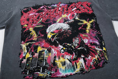 Washed Black Eagle No Mercy Double‑Sided Graphic Print Crew Neck Streetwear T‑Shirt