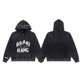 Vintage Black ARARI RANG Letter Print Full‑Zip Hoodie
