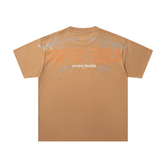 Fire Globe Brown Vintage‑Washed Double‑Sided Graphic Print Crew‑Neck Streetwear T‑Shirt