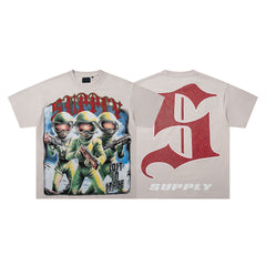 Soldier Troop Beige Vintage‑Washed Double‑Sided Graphic Print Crew‑Neck Streetwear T‑Shirt