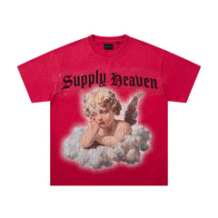 Vintage Cloud Cherub Red Vintage‑Washed Double‑Sided Graphic Print Crew‑Neck Streetwear T‑Shirt