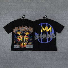 HVM Harmony Golden Flame Figure Black Double‑Sided Graphic Print Crew Neck Streetwear T‑Shirt