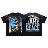Rare Peace Black‑Washed Double‑Sided Graphic Print Crew‑Neck Streetwear T‑Shirt