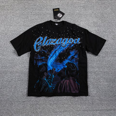 Glazagod Blue Abstract Demon Mask Double‑Sided Graphic Print Crew Neck Streetwear T‑Shirt