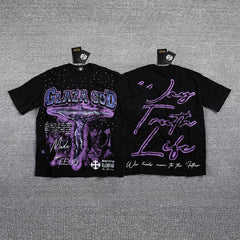 Glazagod Purple Gothic Double‑Sided Graphic Print Crew Neck Streetwear T‑Shirt
