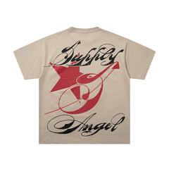 Vintage Tempted Angel Beige Vintage‑Washed Double‑Sided Graphic Print Crew‑Neck Streetwear T‑Shirt