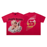 Vintage Cloud Cherub Red Vintage‑Washed Double‑Sided Graphic Print Crew‑Neck Streetwear T‑Shirt