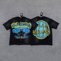 HVM Harmony Cowboy Figure Black Tie‑Dye Double‑Sided Graphic Print Crew Neck Streetwear T‑Shirt