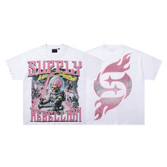 Rebel Skull White Vintage‑Washed Double‑Sided Graphic Print Crew‑Neck Streetwear T‑Shirt