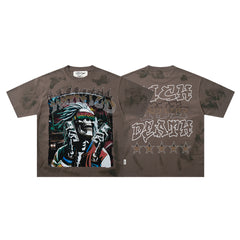 Vintage Brown Native Portrait Double‑Sided Graphic Print Crew Neck Streetwear T‑Shirt